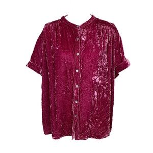 Sundance Women XL Crushed Velvet Blouse Silk Blend Short Sleeve Pleated Pink
